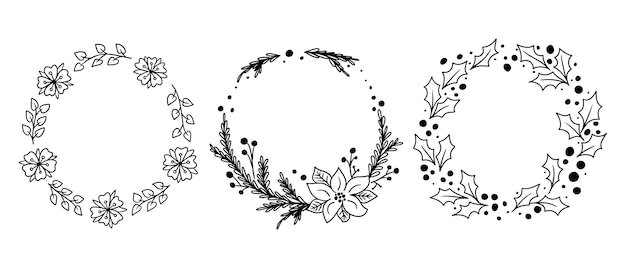 Collection of contour doodle floral wreaths