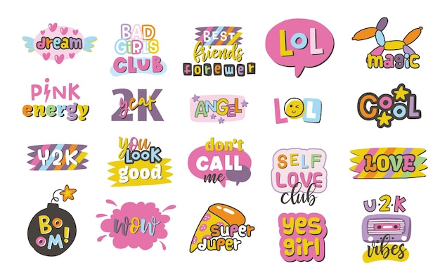 Vector collection of cool cute vector design y2k. set of 1990s 1980s 2000s style quotes