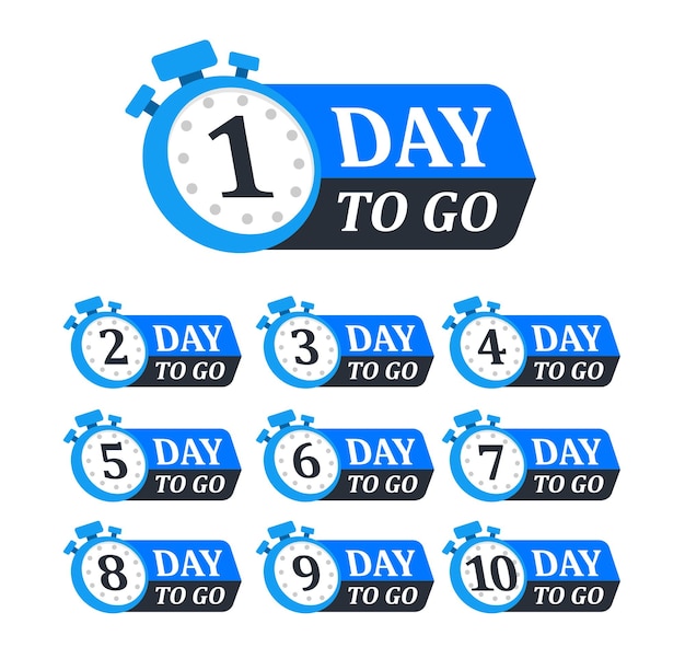 Collection of countdown badges showing numbers 1 to 10 days left styled with stopwatch icons