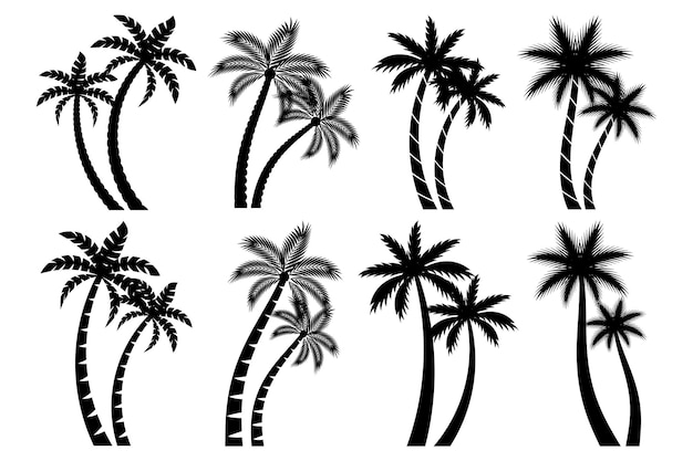 Vector collection couple palm trees silhouette isolated white background