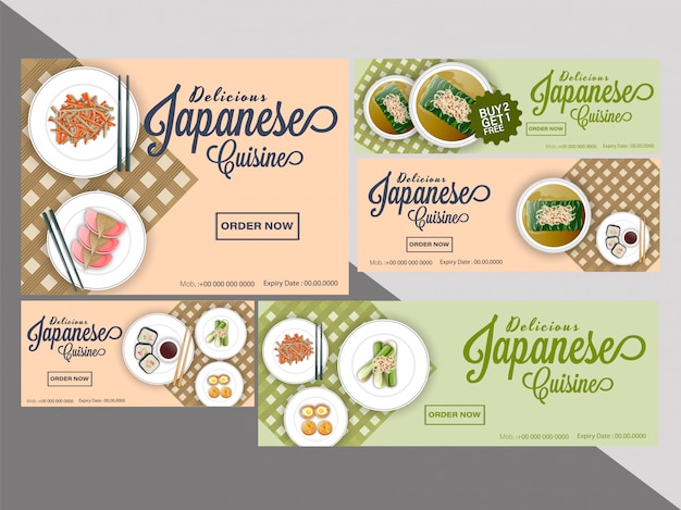 Collection of coupon or voucher set for japanese cuisine