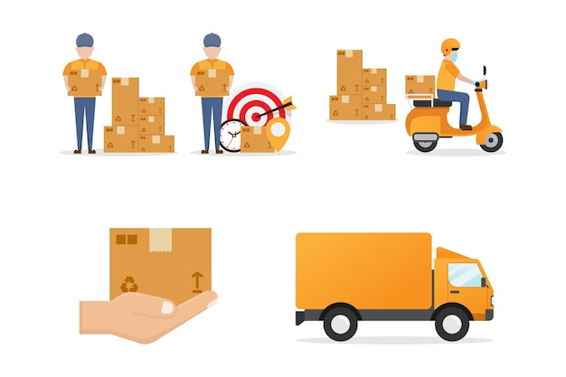 collection of courier delivery service vector illustration courier motorcycle truck package