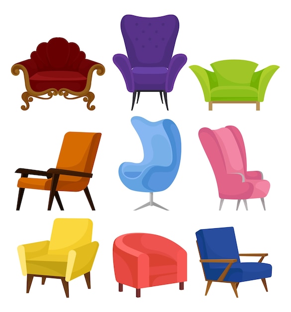 Collection of cozy armchairs Retro and modern chairs with soft upholstery Furniture for living room Home interior elements Colorful vector illustrations in flat style isolated on white background