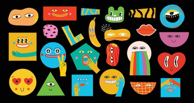 Collection of crazy abstract comic geometric shape characters elements and faces bright colors cartoon style vector illustration in the simple design