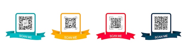 Collection creative concept qr code scan me colored frame with ribbon for qr code vector