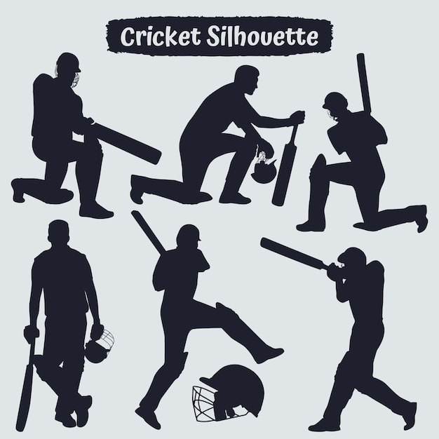 Vector collection of cricket player silhouettes in different poses