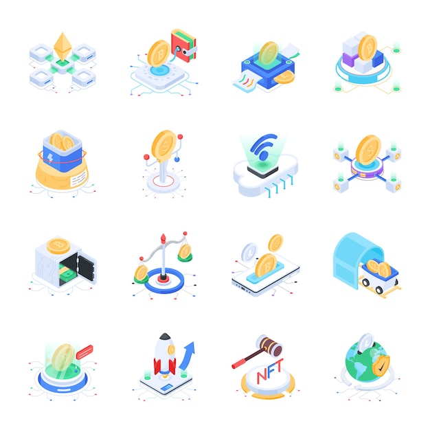 Collection of Cryptocurrency Isometric Icons