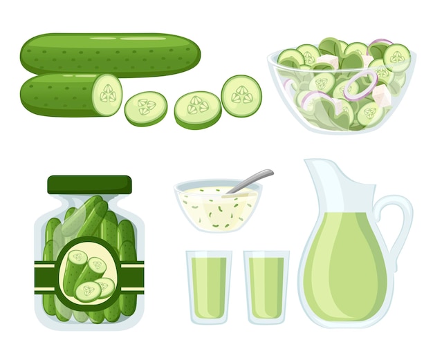 Collection of cucumber products and dishes flat illustration