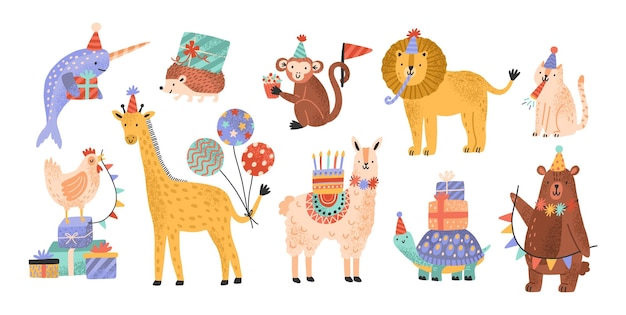 Collezione di simpatici animali selvatici adorabili che festeggiano il compleanno alla festa. fascio di divertenti personaggi dei cartoni animati in cappelli a cono che tengono torta, regali, palloncini. illustrazione vettoriale infantile piatta.