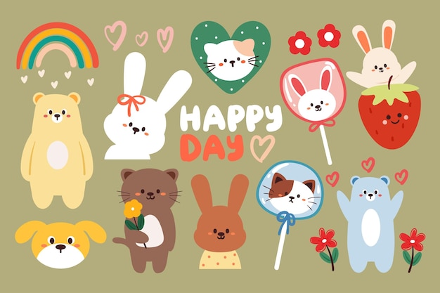 collection of cute animal sticker set