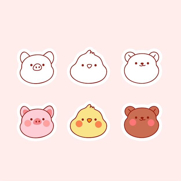 Vector collection of cute animal with sticker isolated on pink