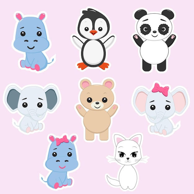 Collection of cute animals characters. Stickers. Animal cartoon flat style.