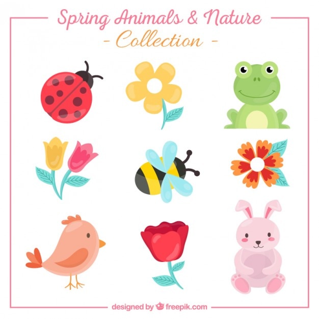 Vector collection of cute animals and flowers