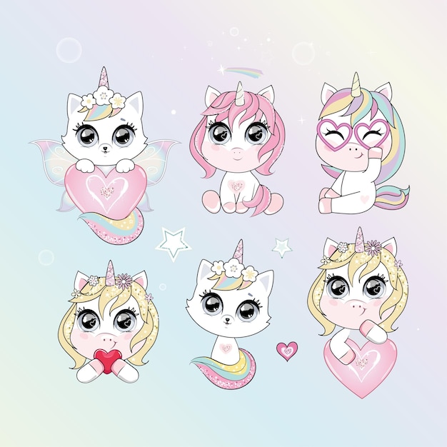 Vector collection of cute baby unicorns and cats with horns pastel soft colors