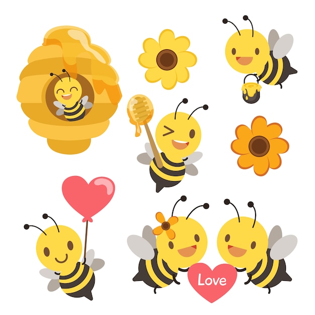 collection of cute bee in any action set