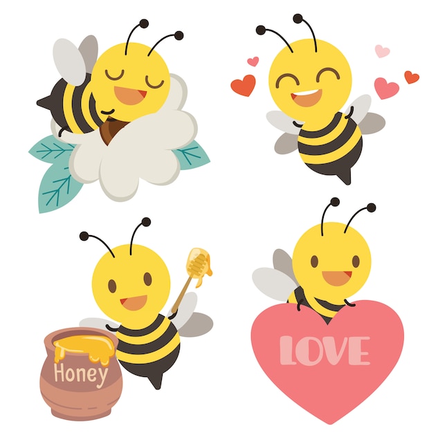 The collection of cute bee with heart, honey and flower in flat style.