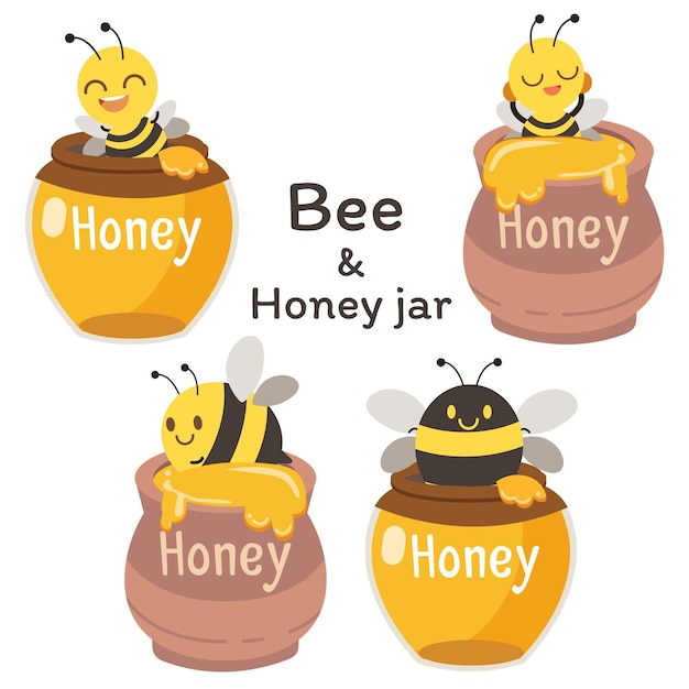 The collection of cute bee with honey jar in flat