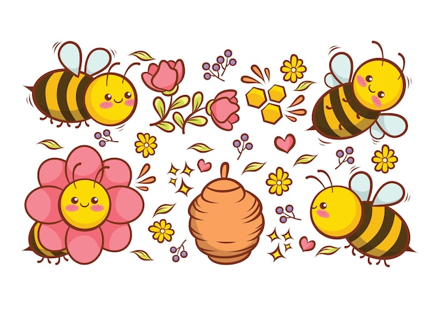 Vector collection of cute bees with flowers honey and hive cartoon