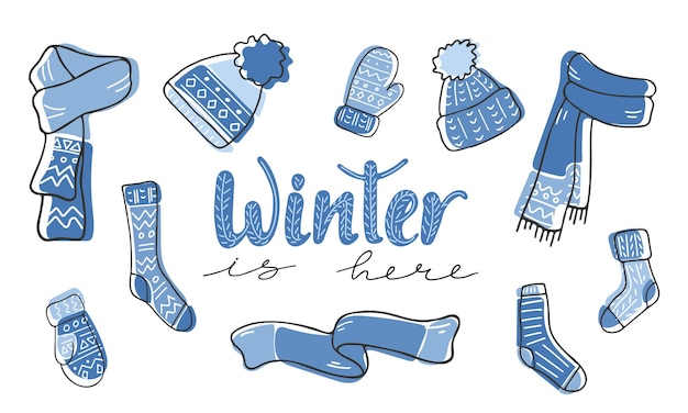 Collection of cute blue knitted clothing elements Winter warm woolen clothes handwritten lettering