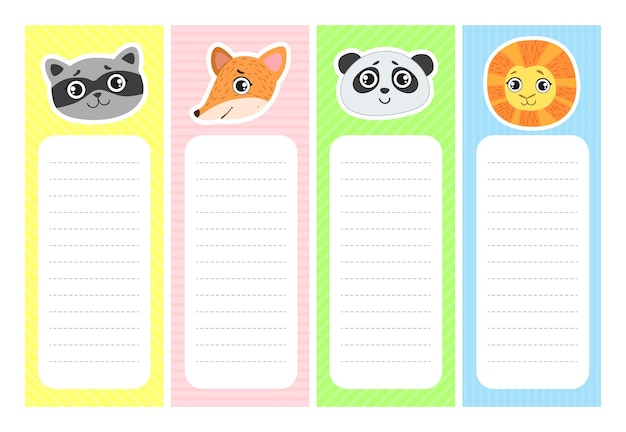 Collection of Cute Bookmarks with Animal Heads Paper Stickers Notepad Templates Vector Illustration