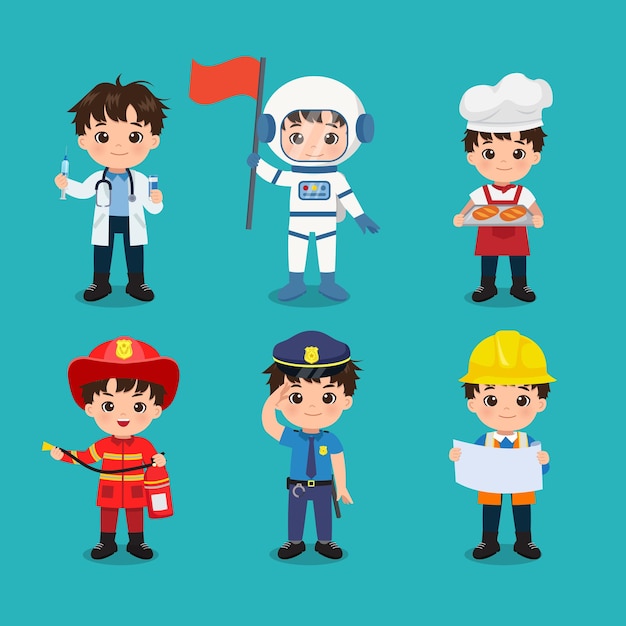 Collection of cute boy in different profession labor day clip art flat vector cartoon design