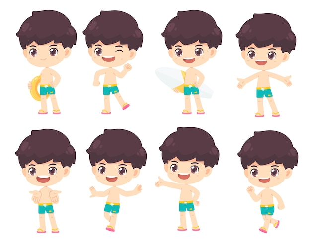 Vector collection of cute boy in summer concept
