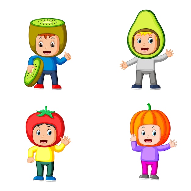 Collection of the cute boys using the cute fruits costume with different colour