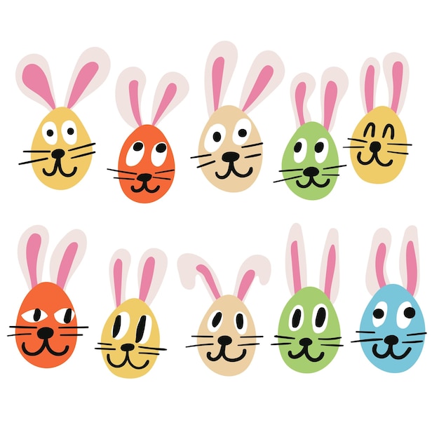 Vector collection of cute bunny faces happy easter concepts flat design vector illustration