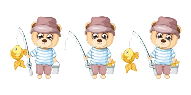 Vector collection of cute cartoon bears of fishermen with fishing rod bucket and fish