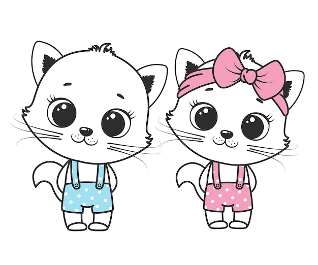 A collection of cute cartoon cats for a girl and a boy . Contour drawing.