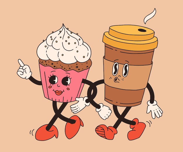 Collection cute cartoon characters of coffee takeaway and pastries donut chocolate chip cookie ice cream and cupcake Vector illustration Isolated desserts food and drink in retro nostalgic style