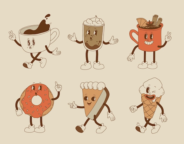 Collection cute cartoon characters of coffee takeaway and pastries donut chocolate chip cookie ice cream and cupcake Vector illustration Isolated desserts food and drink in retro nostalgic style