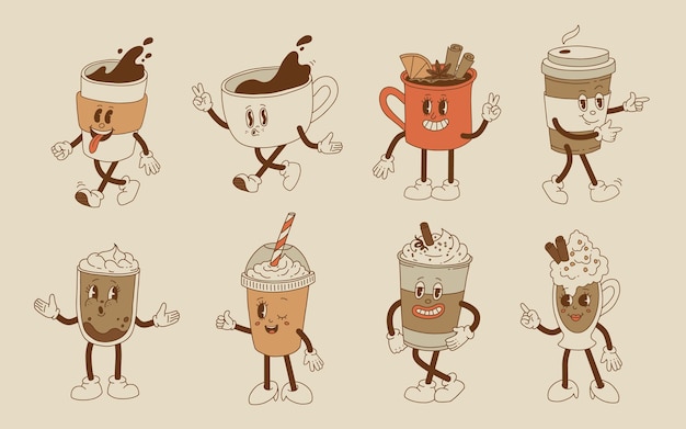 Vettore collezione simpatici personaggi dei cartoni animati di caffè da asporto e pasticcini ciambella biscotto con scaglie di cioccolato gelato e cupcake illustrazione vettoriale dessert isolati cibi e bevande in stile retrò nostalgico