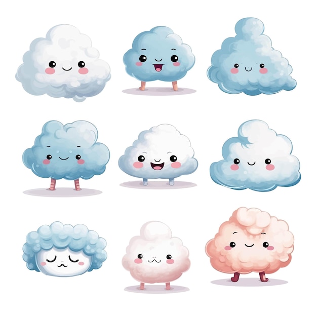 A collection of cute cartoon clouds with different emotions