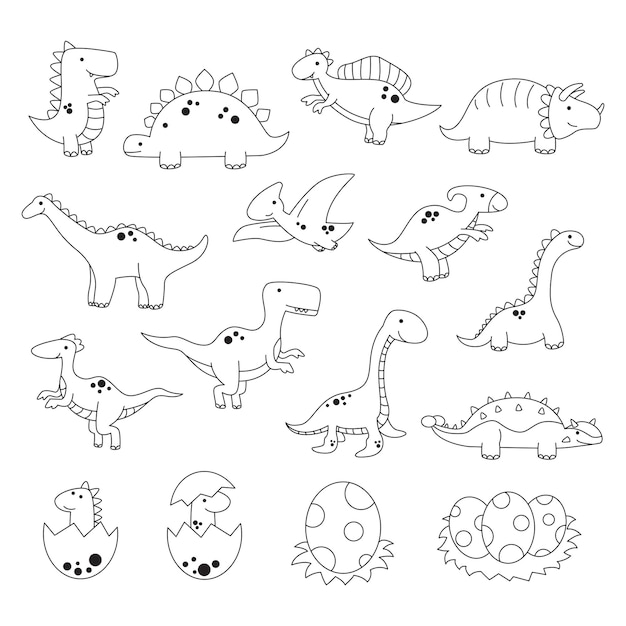 collection of cute cartoon dinosaurs and dinosaur eggs