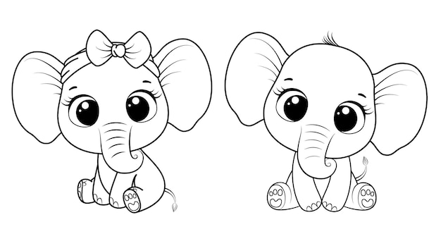 Коллекция милых мультяшных слонов. Черно-белые векторные иллюстрации для раскраски. Контурный рисунок.