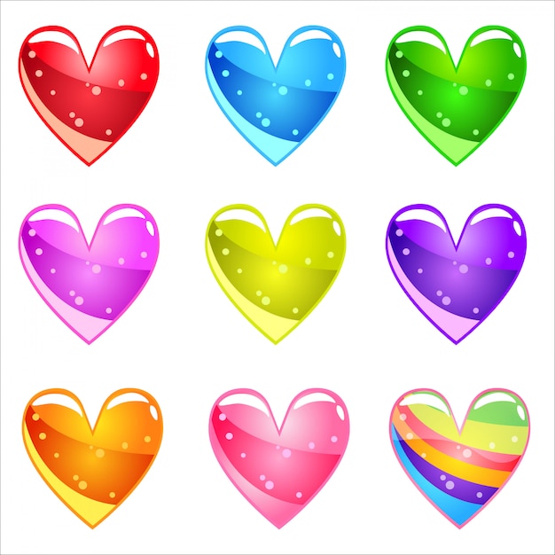 Vector collection cute cartoon glossy hearts with jelly in different colors.