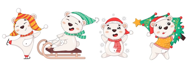 Collection of cute cartoon new year polar bears in winter clothes with christmas tree skating sledding catching snowflakes