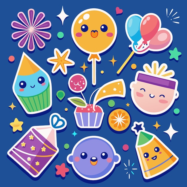 a collection of cute cartoon stickers on a blue background featuring a cupcake a balloon a party hat and other celebratory elements