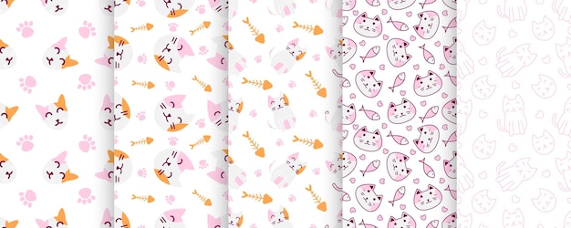 Collection of cute cat abstract seamless pattern