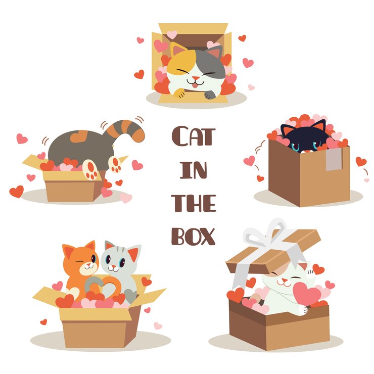 白い背景の上の多くの心を持つボックスでかわいい猫のコレクション。心でボックスにかわいい猫sittngのキャラクター。フラットスタイルのかわいい猫のキャラクター。