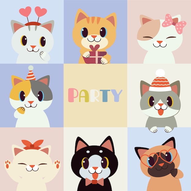 The collection of cute cat with the party accessories in flat   style.