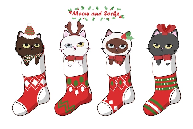 クリスマス ソックスのかわいい猫のコレクションです。クリスマスとお正月のイラストです。