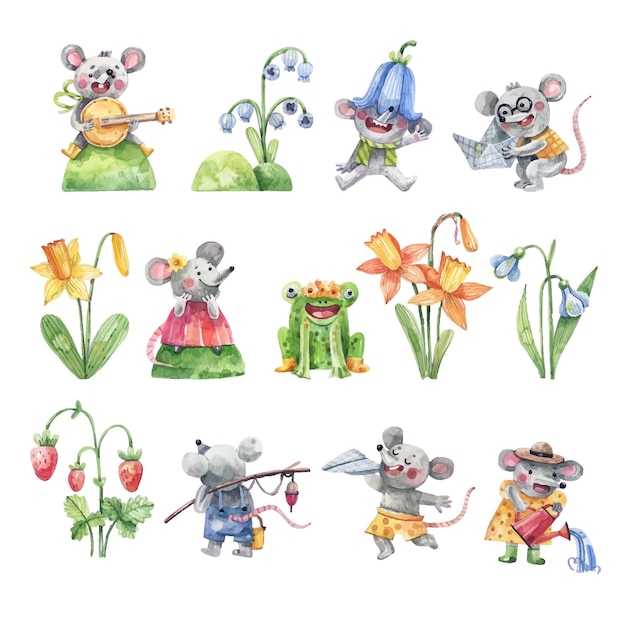 Vector collection of cute characters and flowers in childish style isolated on white background