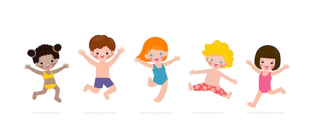 Collezione di bambini carini che saltano godendosi l'estate in spiaggia i bambini del gruppo si divertono in vacanza