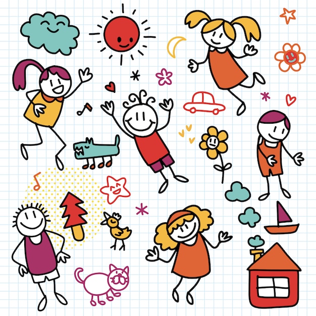 Vector collection of cute children's drawings of kids, animals, nature, objects , doodle style