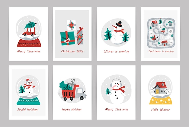 Collection of cute christmas cards with cars snow globes houses and snowmen