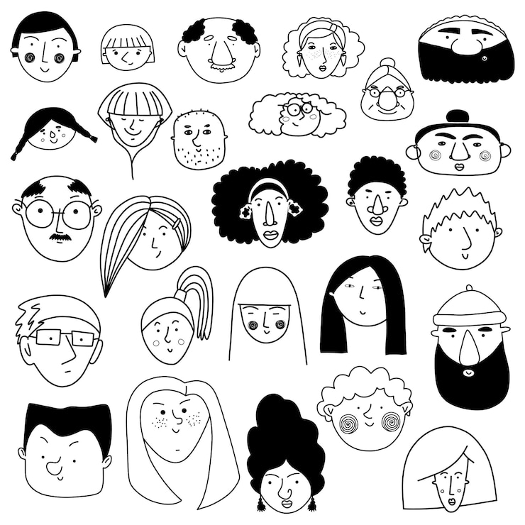 Vector collection of cute and diverse hand drawn faces in black and white doodlestyle people icons
