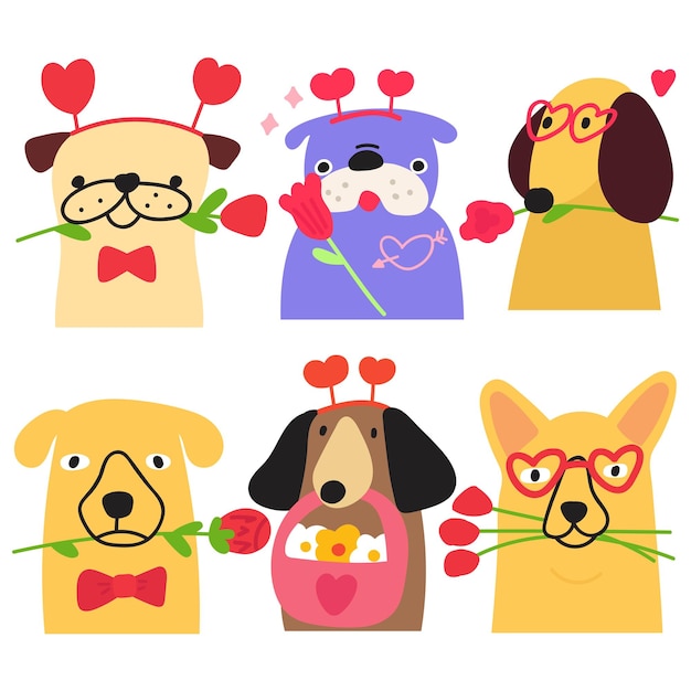 Collezione di cani carini con fiori il giorno di san valentino illustrazioni vettoriali disegnate a mano