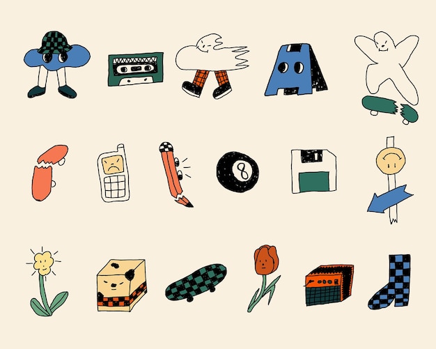 collection of cute doodle sticker illustrations